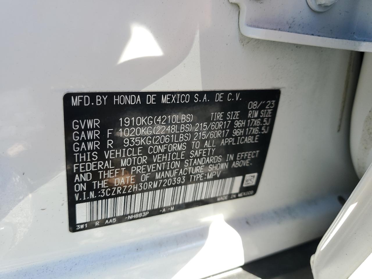 2024 Honda Hr-V Lx VIN: 3CZRZ2H30RM720393 Lot: 85714645