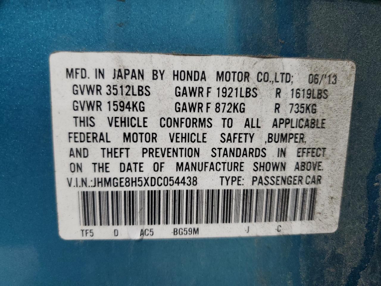 2013 Honda Fit Sport VIN: JHMGE8H5XDC054438 Lot: 86425435