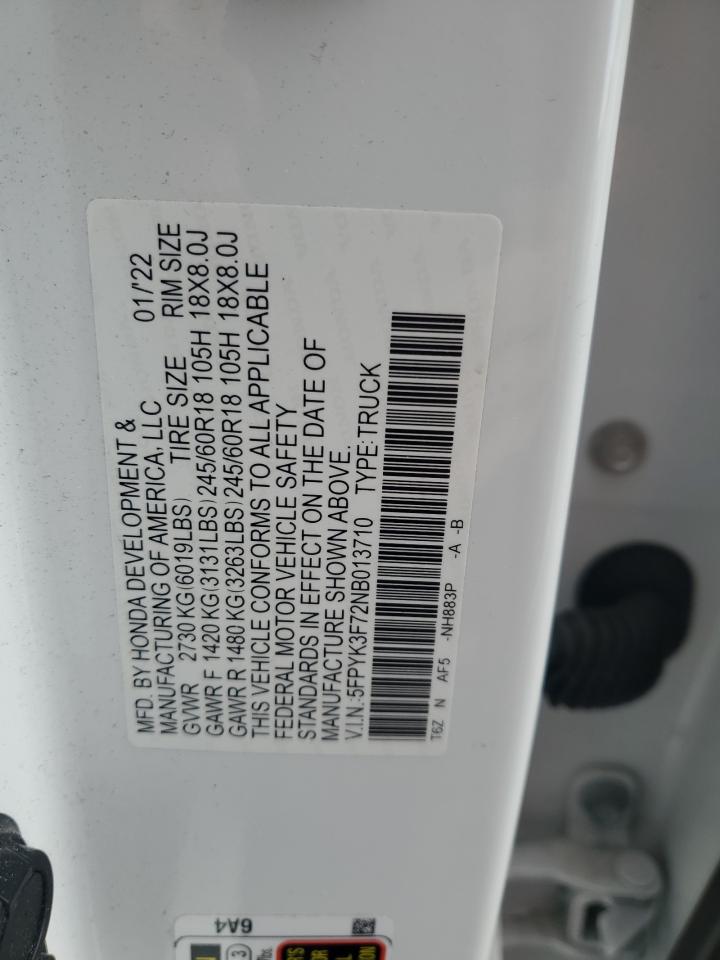 2022 Honda Ridgeline Rtl VIN: 5FPYK3F72NB013710 Lot: 83987385