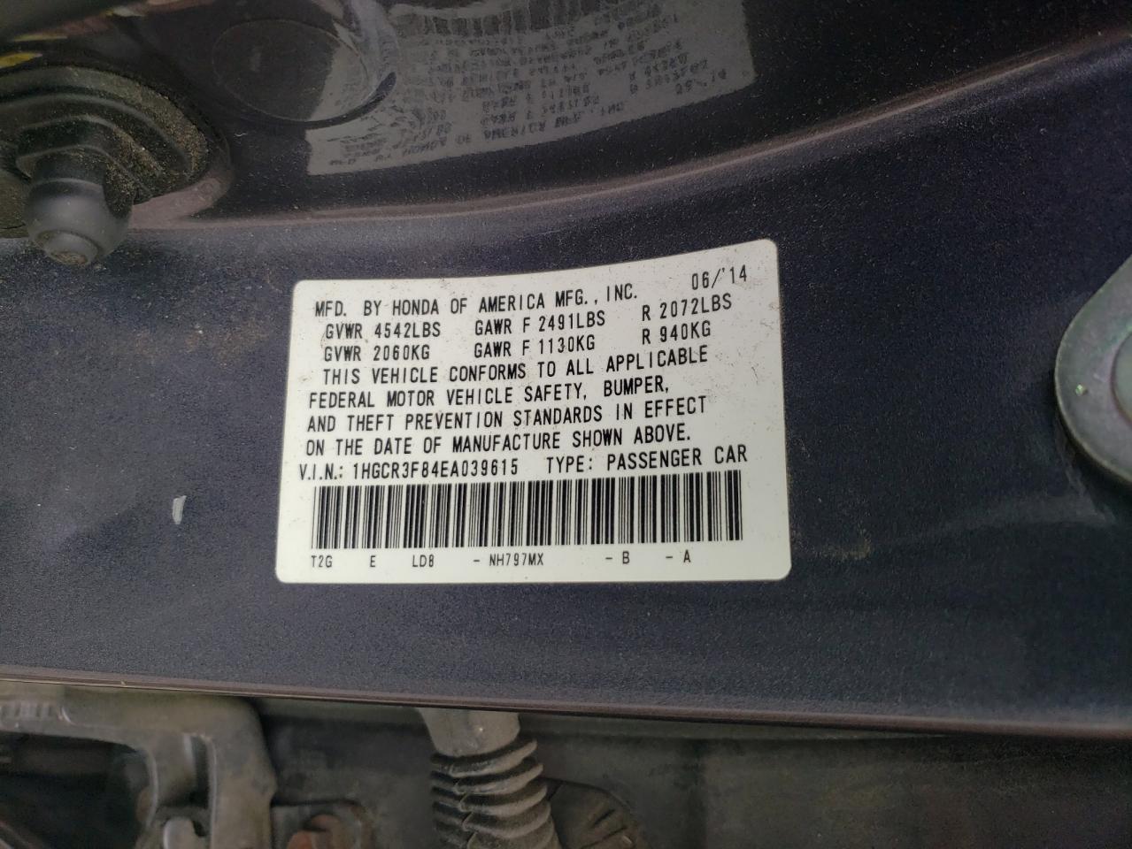 2014 Honda Accord Exl VIN: 1HGCR3F84EA039615 Lot: 86696185