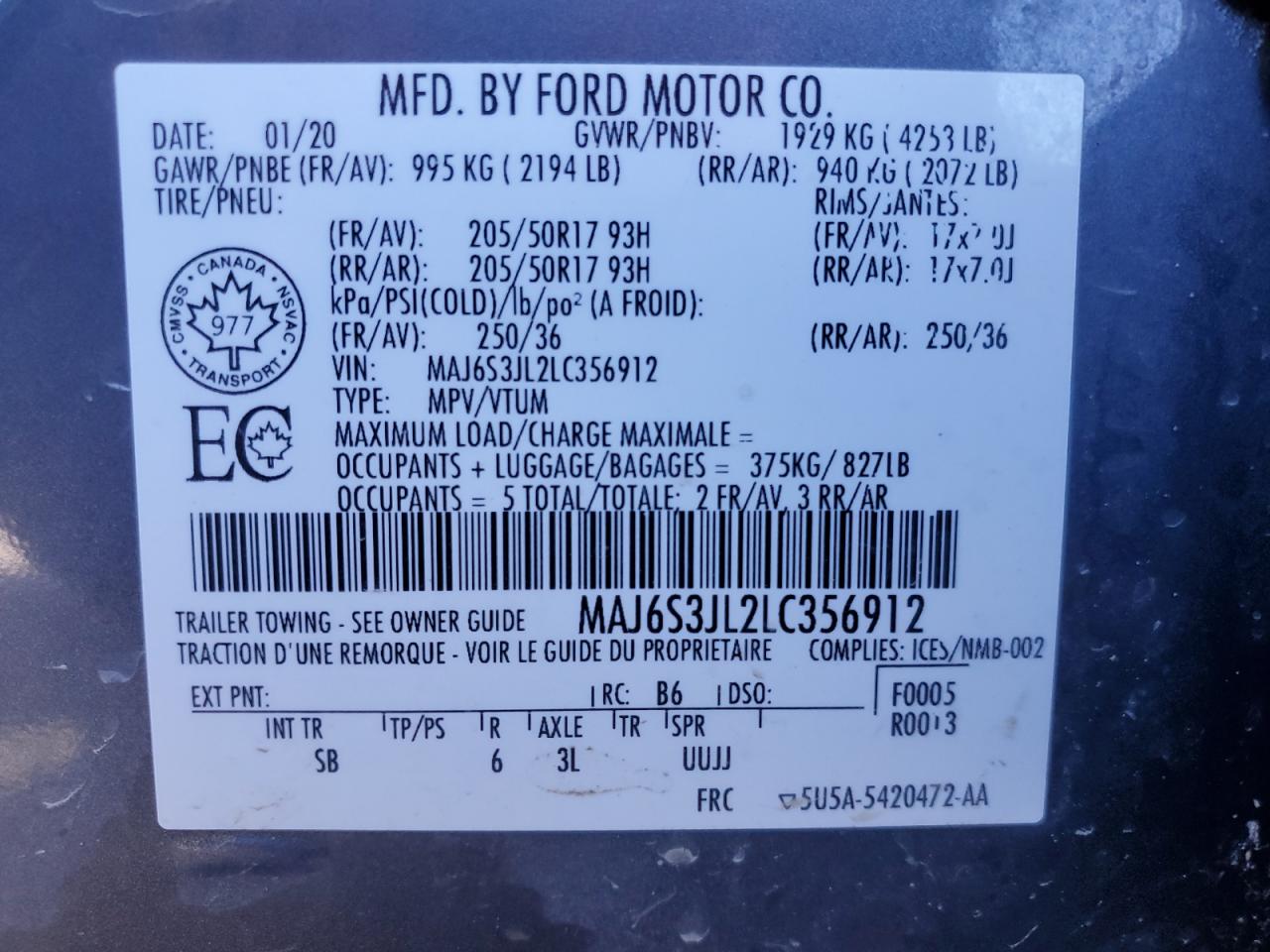 2020 Ford Ecosport Ses VIN: MAJ6S3JL2LC356912 Lot: 86845125