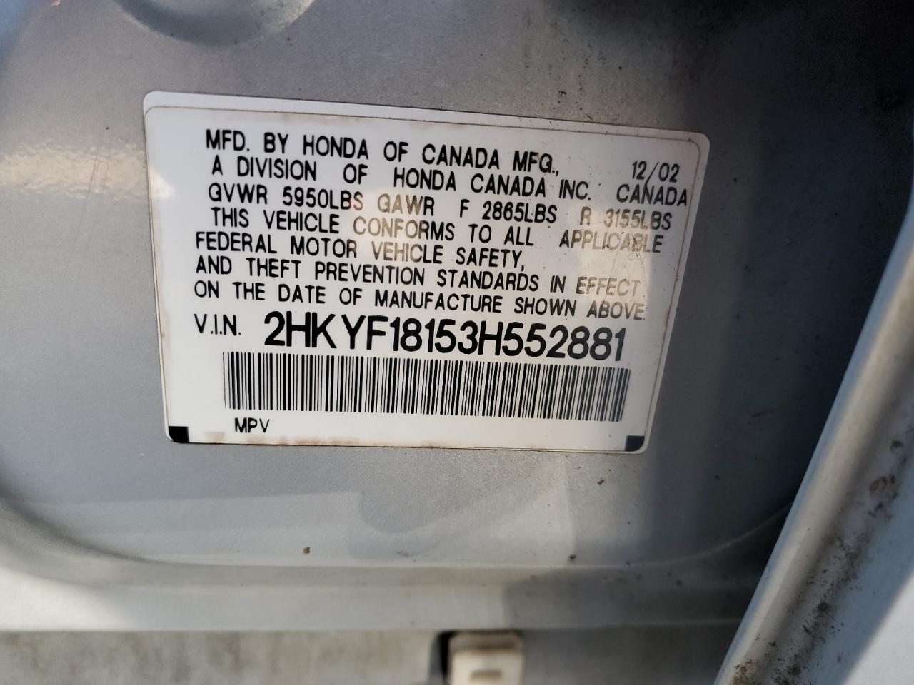 2003 Honda Pilot Lx VIN: 2HKYF18153H552881 Lot: 85306475