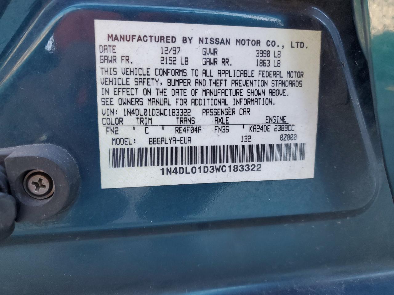 1998 Nissan Altima Xe VIN: 1N4DL01D3WC183322 Lot: 82561725