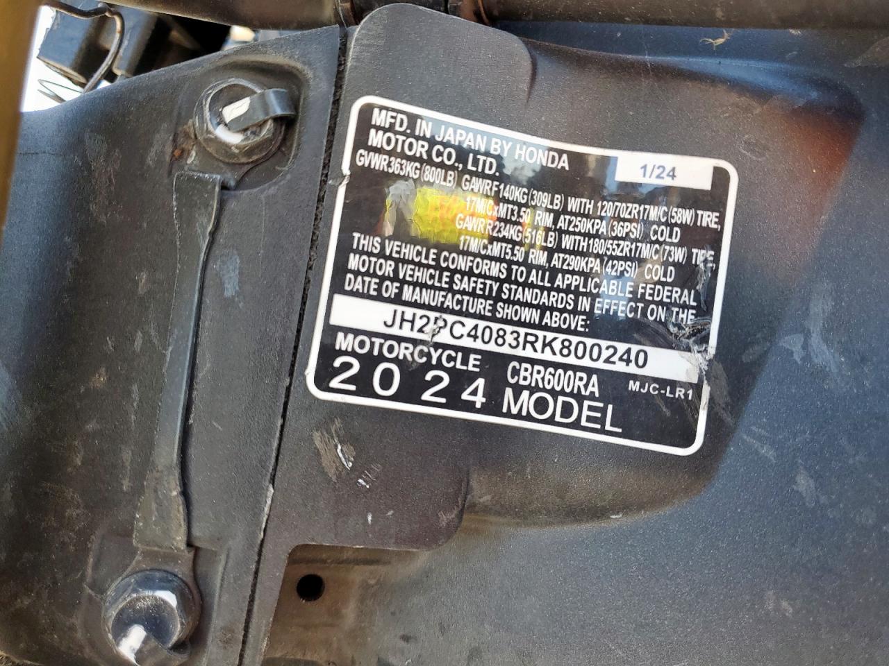 2024 Honda Cbr600 Ra VIN: JH2PC4083RK800240 Lot: 71991465