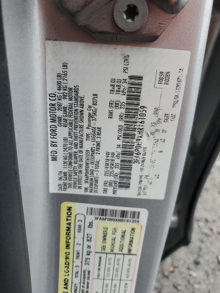 2017 Ford Fusion Se VIN: 3FA6P0H9XHR161059 Lot: 90139385