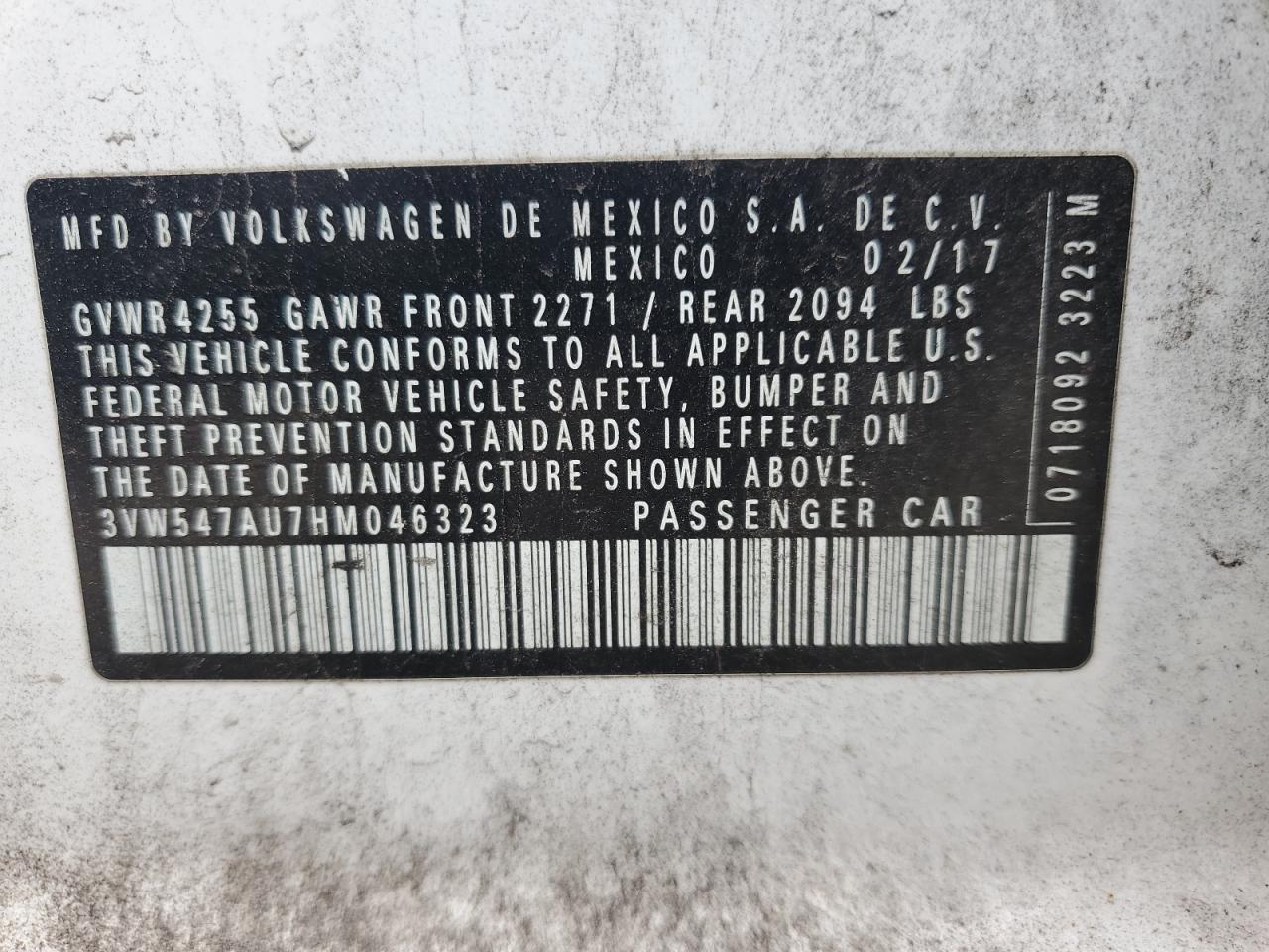 2017 Volkswagen Gti Sport VIN: 3VW547AU7HM046323 Lot: 85927185