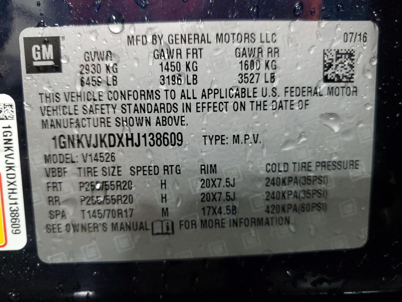 2017 Chevrolet Traverse Premier VIN: 1GNKVJKDXHJ138609 Lot: 85117015