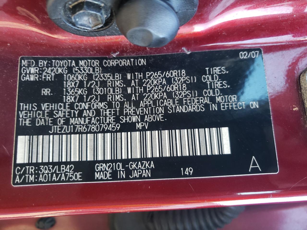 2007 Toyota Four Runne VIN: JTEZU17R678079459 Lot: 82196545