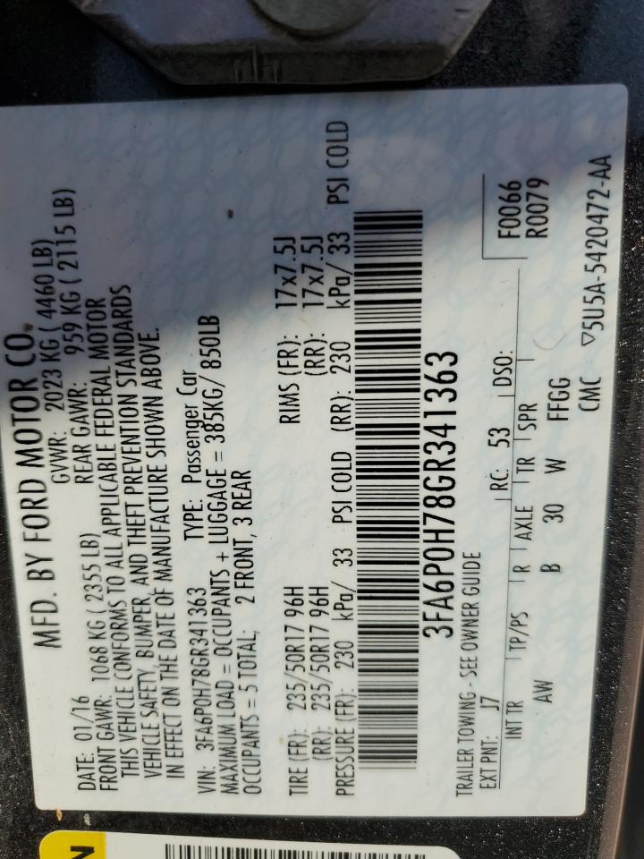 2016 Ford Fusion Se VIN: 3FA6P0H78GR341363 Lot: 87268165