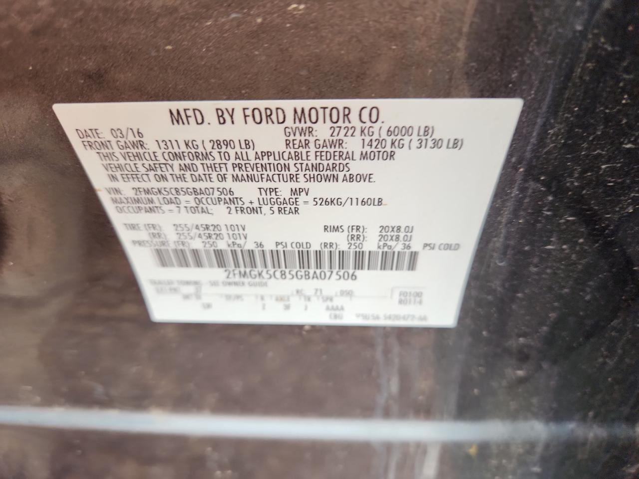 2016 Ford Flex Sel VIN: 2FMGK5C85GBA07506 Lot: 82278035