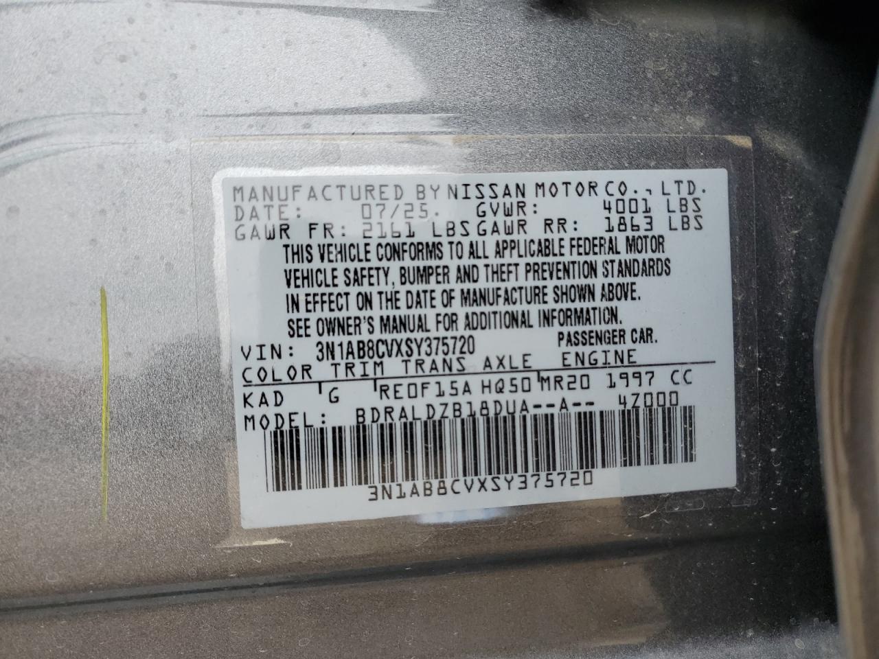 2025 Nissan Sentra Sv VIN: 3N1AB8CVXSY375720 Lot: 86644375