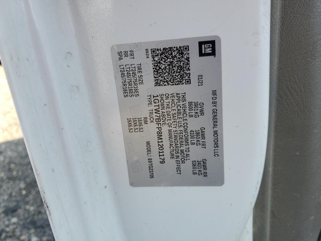 2021 GMC Savana G2500 VIN: 1GTW7BFP8M1201179 Lot: 85950415
