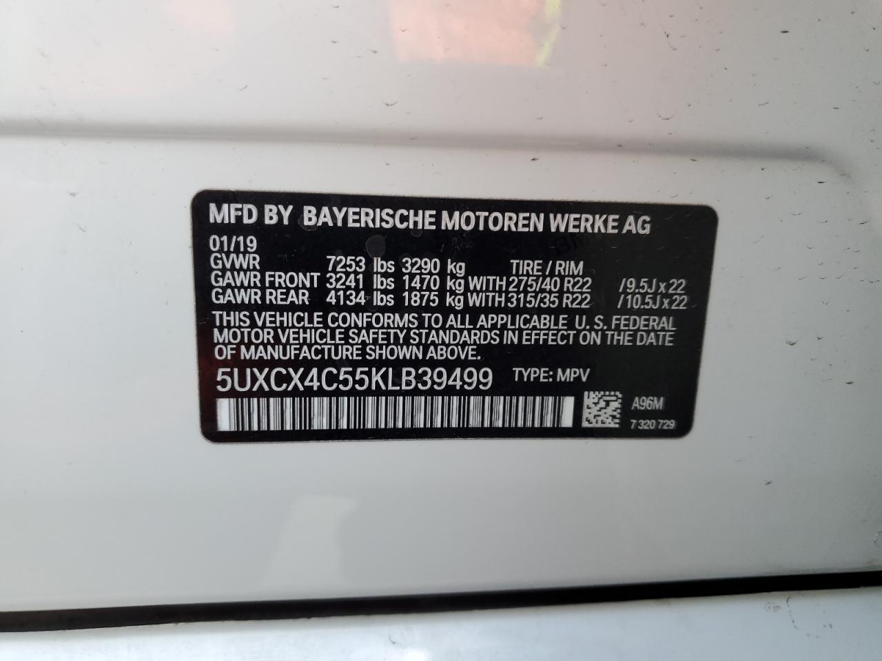 2019 BMW X7 xDrive50I VIN: 5UXCX4C55KLB39499 Lot: 86659285
