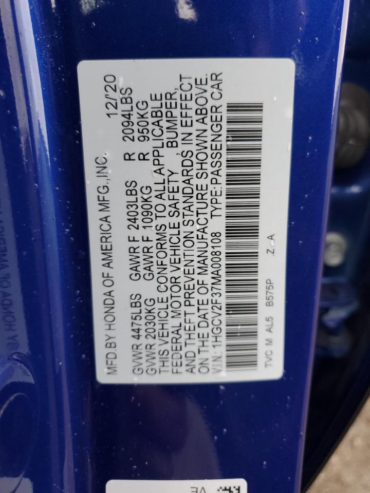 2021 Honda Accord Sport VIN: 1HGCV2F37MA008108 Lot: 95158435
