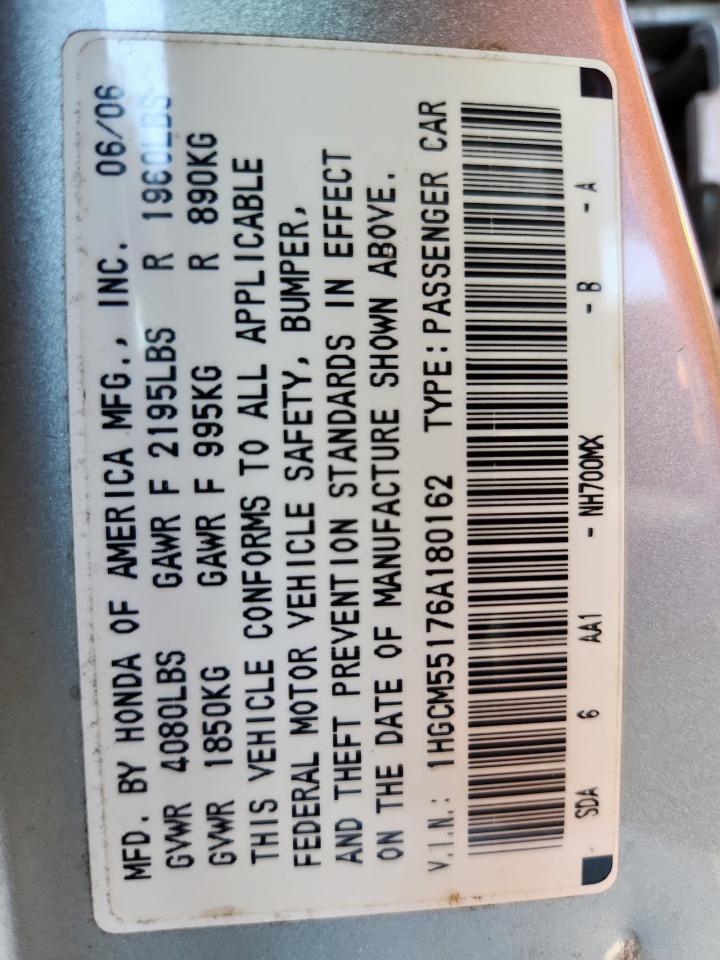 2006 Honda Accord Value VIN: 1HGCM55176A180162 Lot: 84940565