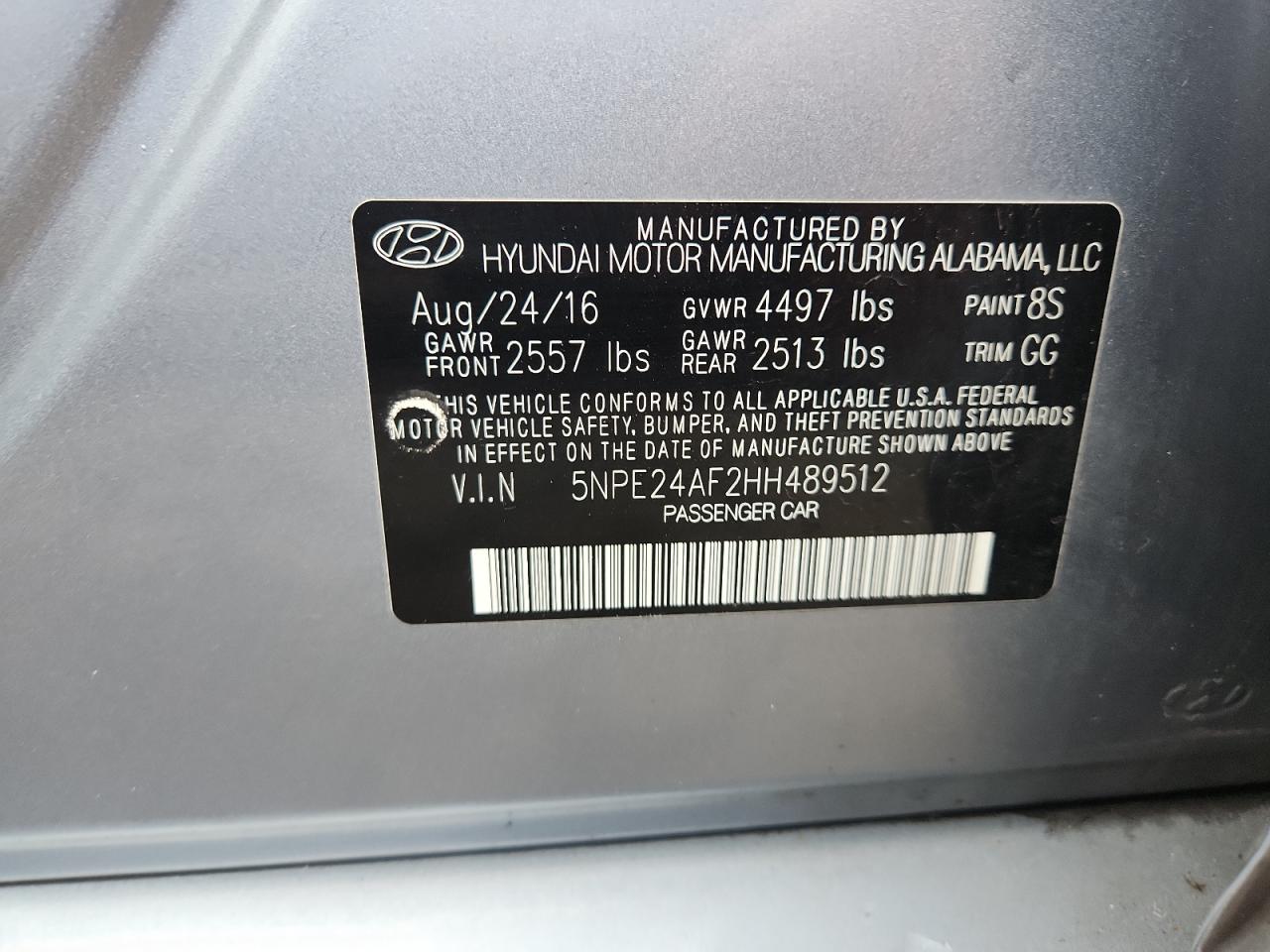 2017 Hyundai Sonata Se VIN: 5NPE24AF2HH489512 Lot: 86483025
