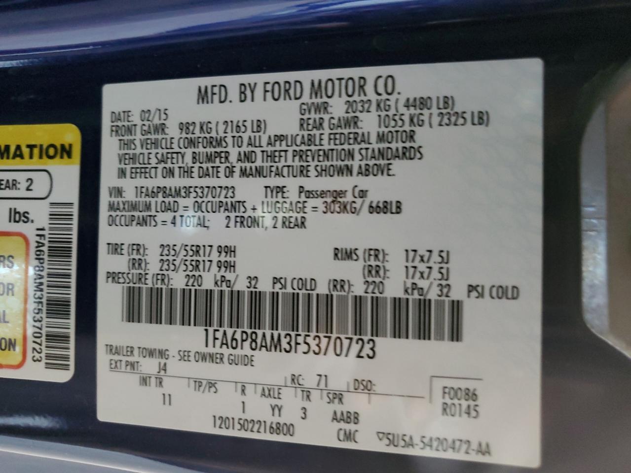 2015 Ford Mustang VIN: 1FA6P8AM3F5370723 Lot: 82199095