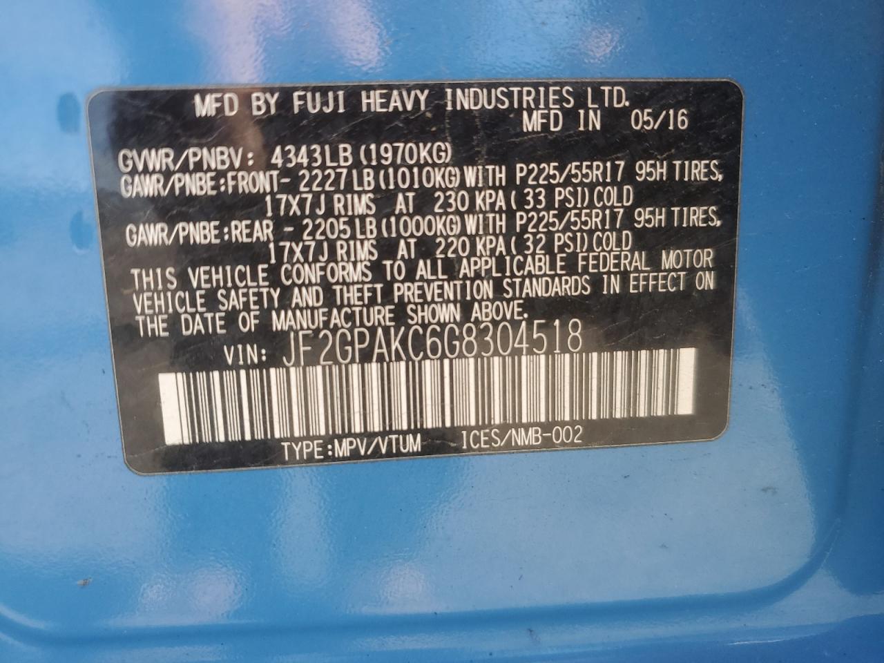 2016 Subaru Crosstrek Limited VIN: JF2GPAKC6G8304518 Lot: 86521345