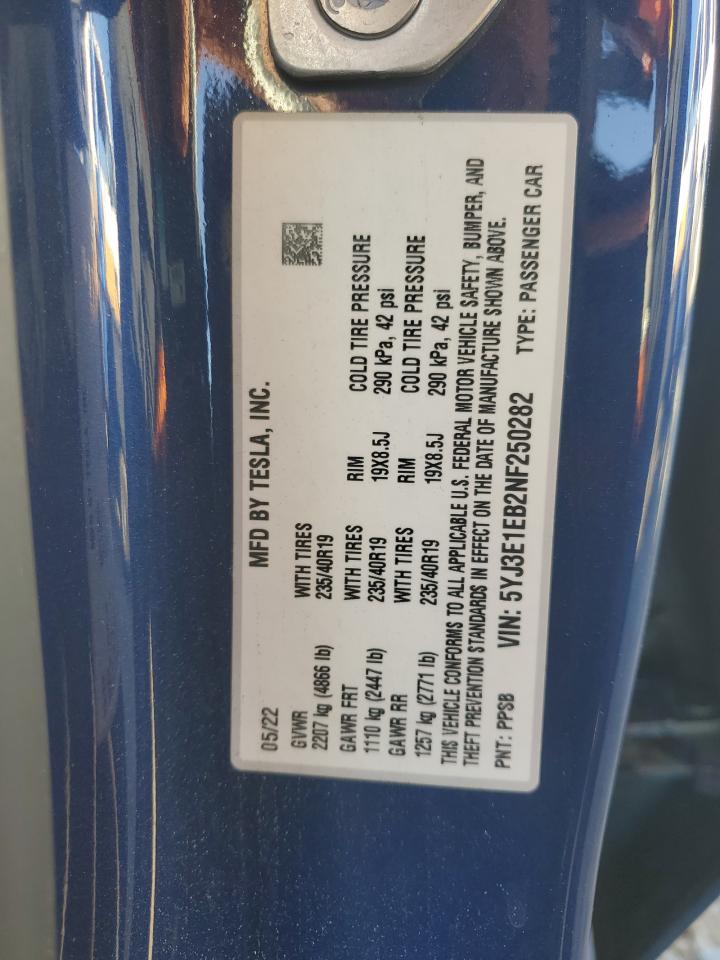 2022 Tesla Model 3 VIN: 5YJ3E1EB2NF250282 Lot: 90372795