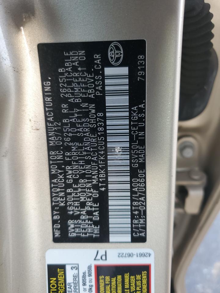 2012 Toyota Camry Se VIN: 4T1BK1FK4CU518378 Lot: 86122925