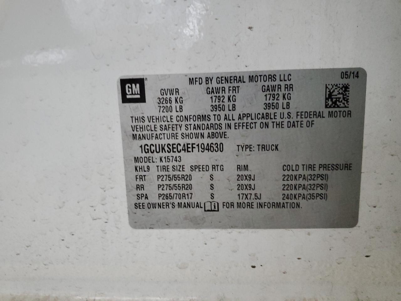 2014 Chevrolet Silverado K1500 Ltz VIN: 1GCUKSEC4EF194630 Lot: 81909935