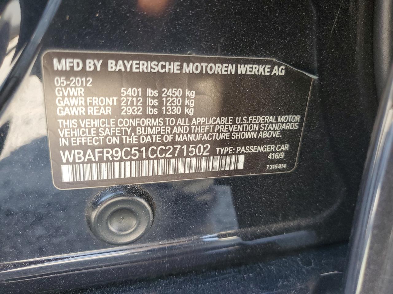 2012 BMW 550 I VIN: WBAFR9C51CC271502 Lot: 87197175