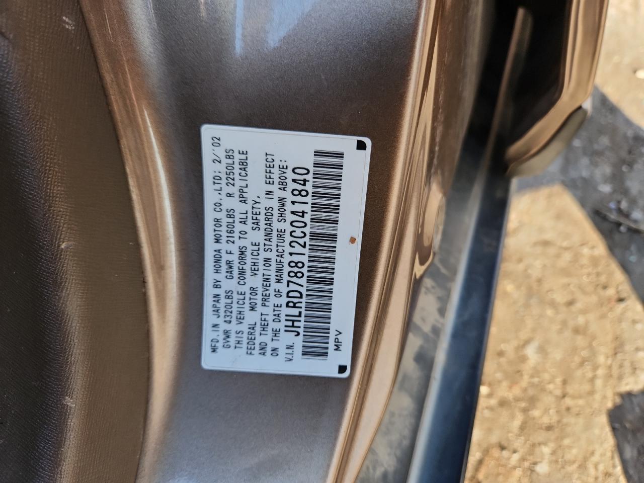 2002 Honda Cr-V Ex VIN: JHLRD78812C041840 Lot: 82495165