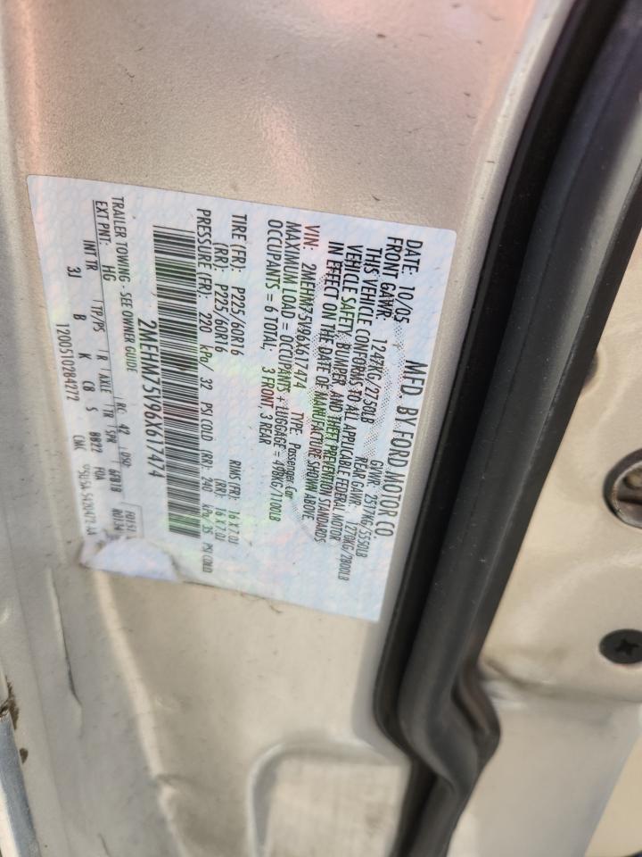 2006 Mercury Grand Marquis Ls VIN: 2MEHM75V96X617474 Lot: 85724395