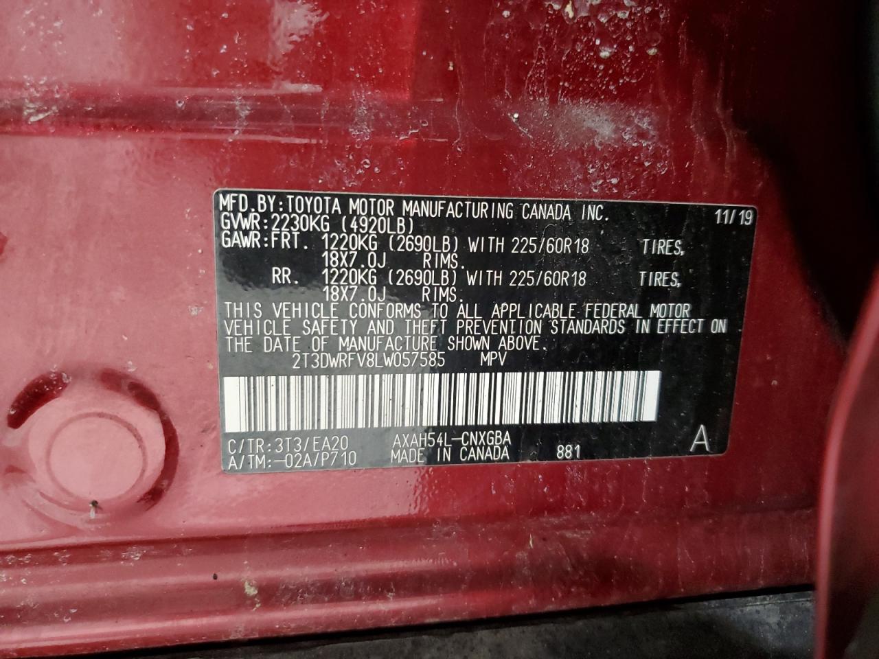 2020 Toyota Rav4 Limited VIN: 2T3DWRFV8LW057585 Lot: 85722945