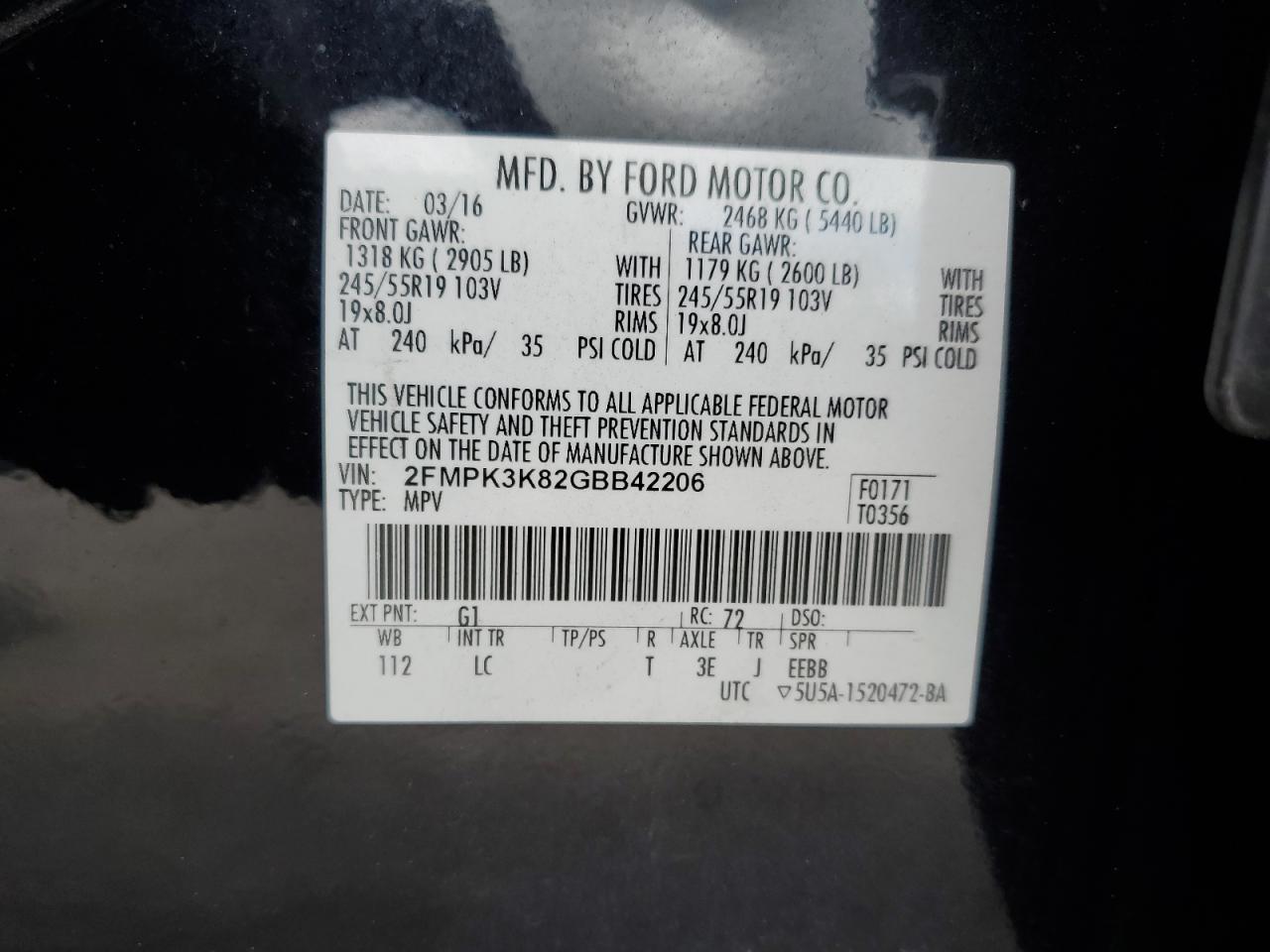 2016 Ford Edge Titanium VIN: 2FMPK3K82GBB42206 Lot: 85191435