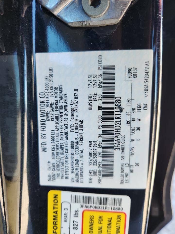 2020 Ford Fusion Se VIN: 3FA6P0HD2LR110880 Lot: 71997255