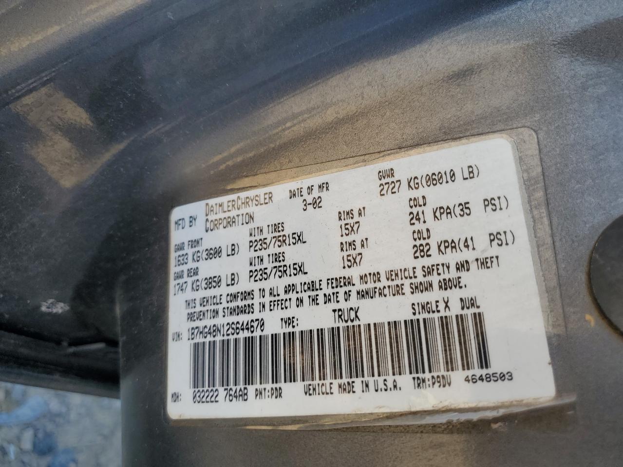 2002 Dodge Dakota Quad Slt VIN: 1B7HG48N12S644670 Lot: 82342675