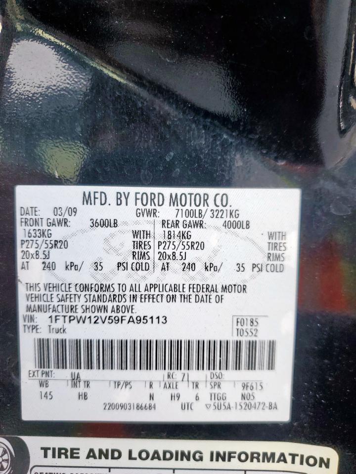 2009 Ford F150 Supercrew VIN: 1FTPW12V59FA95113 Lot: 90712015