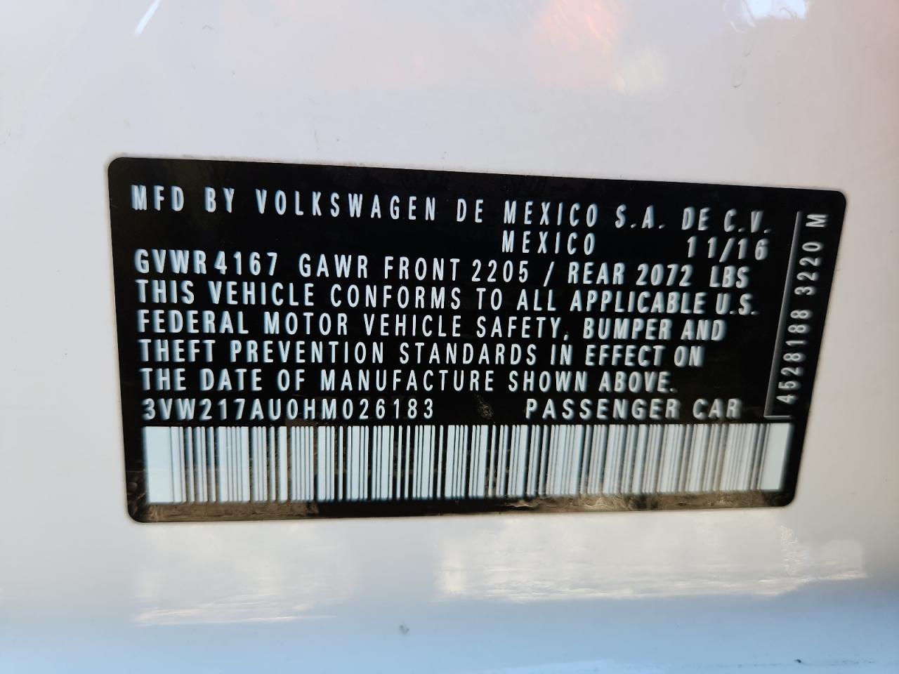 2017 Volkswagen Golf S VIN: 3VW217AU0HM026183 Lot: 89578415