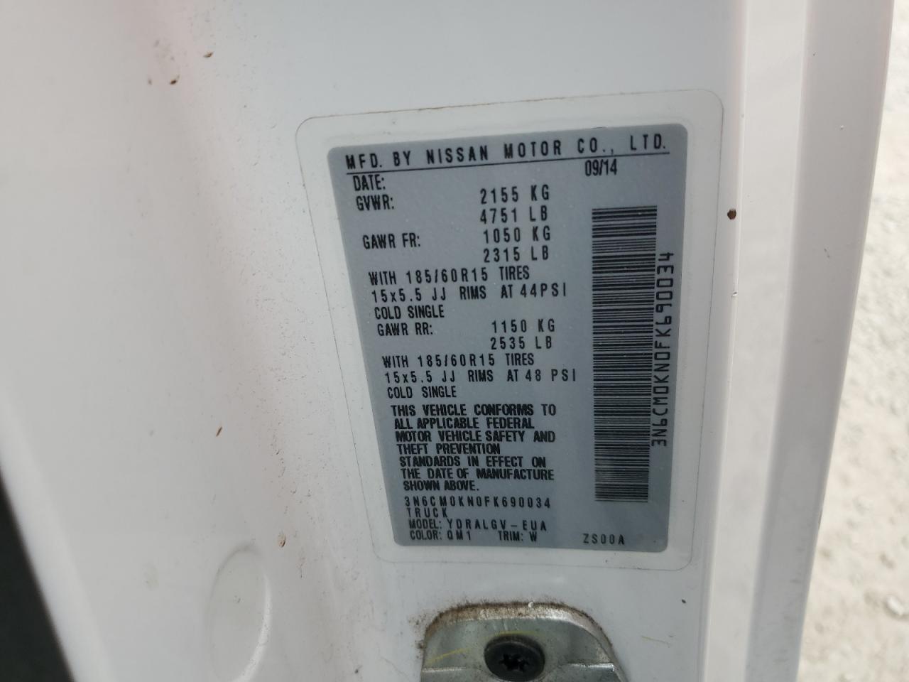 2015 Nissan Nv200 2.5S VIN: 3N6CM0KN0FK690034 Lot: 85533135