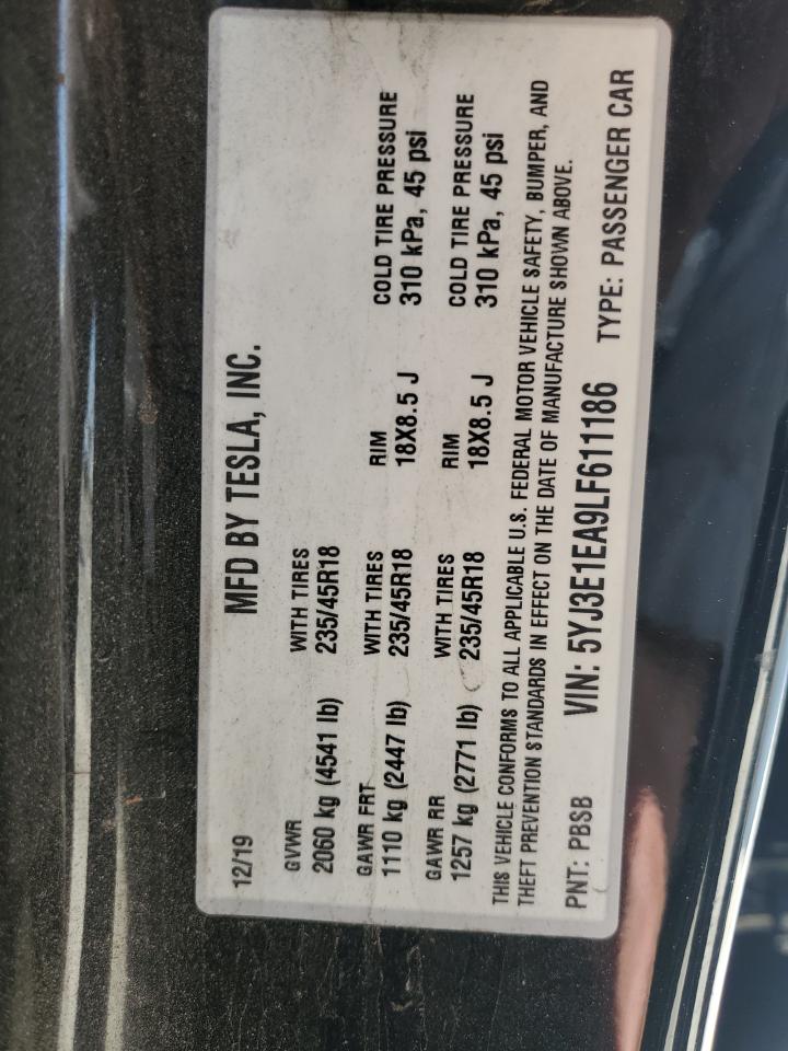2020 Tesla Model 3 VIN: 5YJ3E1EA9LF611186 Lot: 84606775