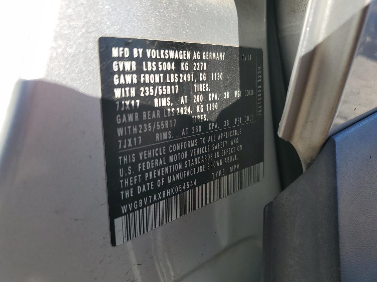 2017 Volkswagen Tiguan S VIN: WVGBV7AX8HK054544 Lot: 85679905