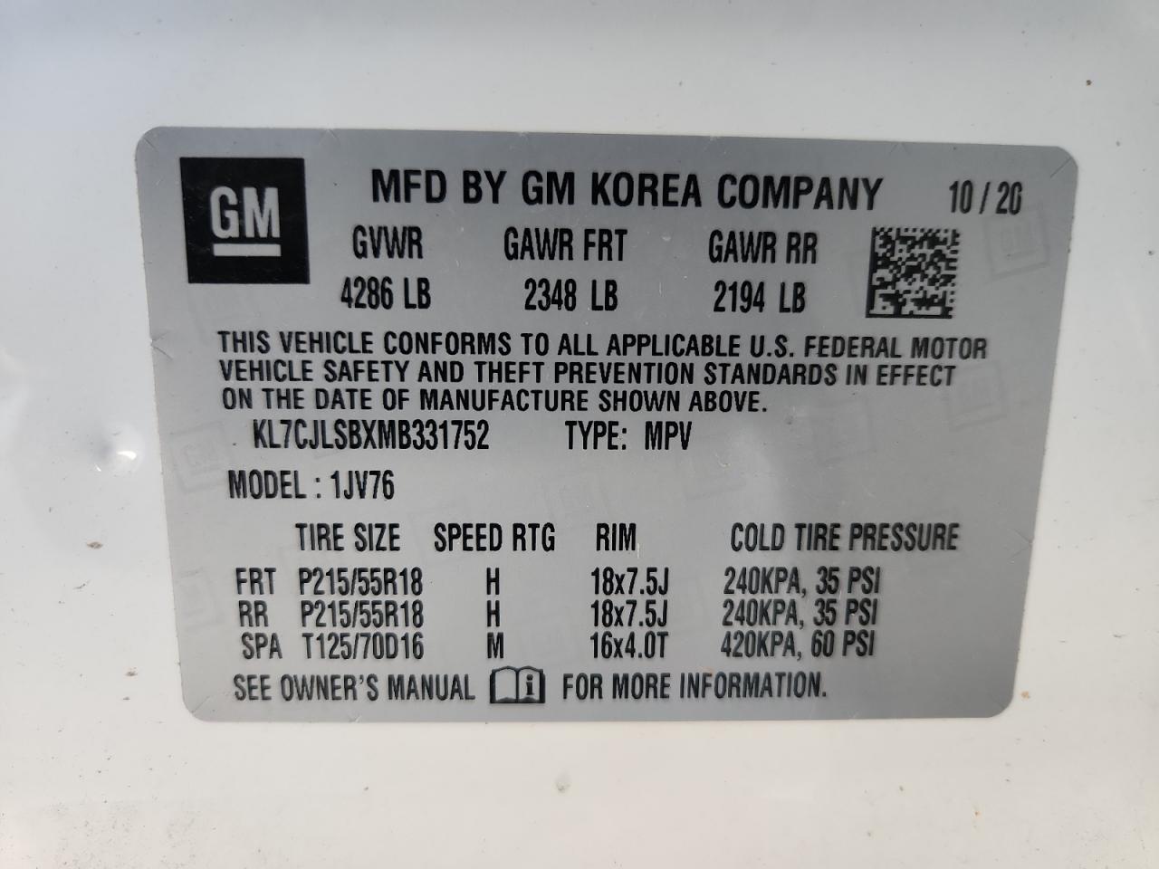 2021 Chevrolet Trax 1Lt VIN: KL7CJLSBXMB331752 Lot: 90433175