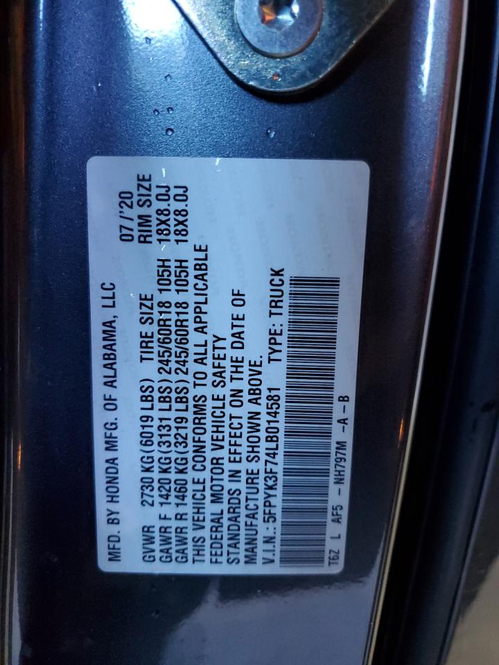 2020 Honda Ridgeline Rtl VIN: 5FPYK3F74LB014581 Lot: 87419635