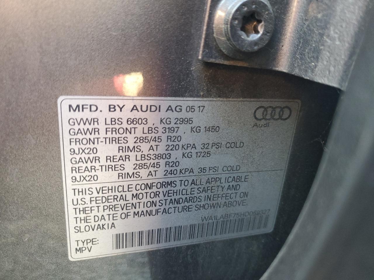 2017 Audi Q7 Premium Plus VIN: WA1LABF75HD059327 Lot: 82272345