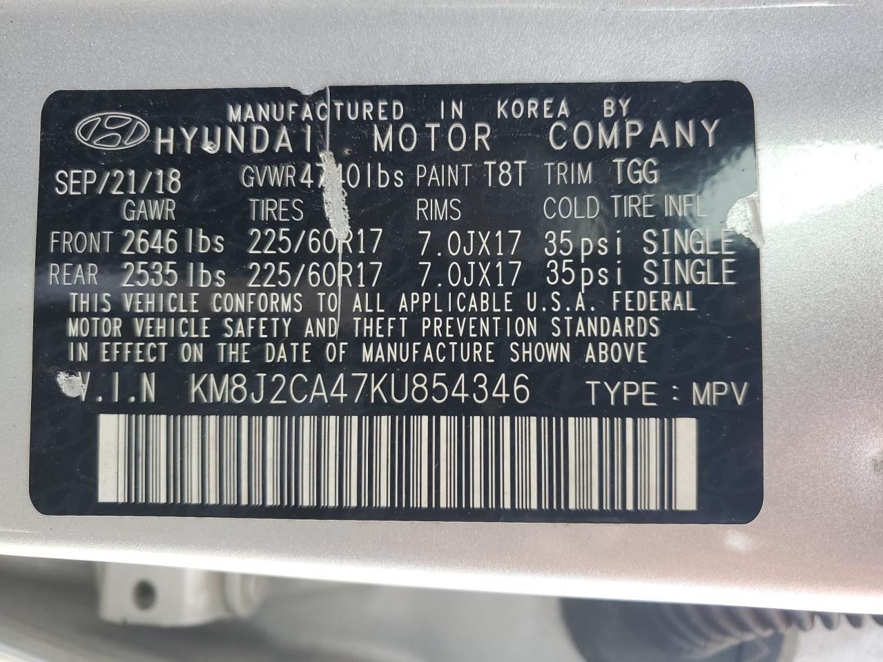 2019 Hyundai Tucson Se VIN: KM8J2CA47KU854346 Lot: 85879415