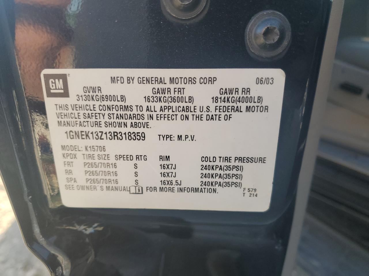 2003 Chevrolet Tahoe K1500 VIN: 1GNEK13Z13R318359 Lot: 87214995