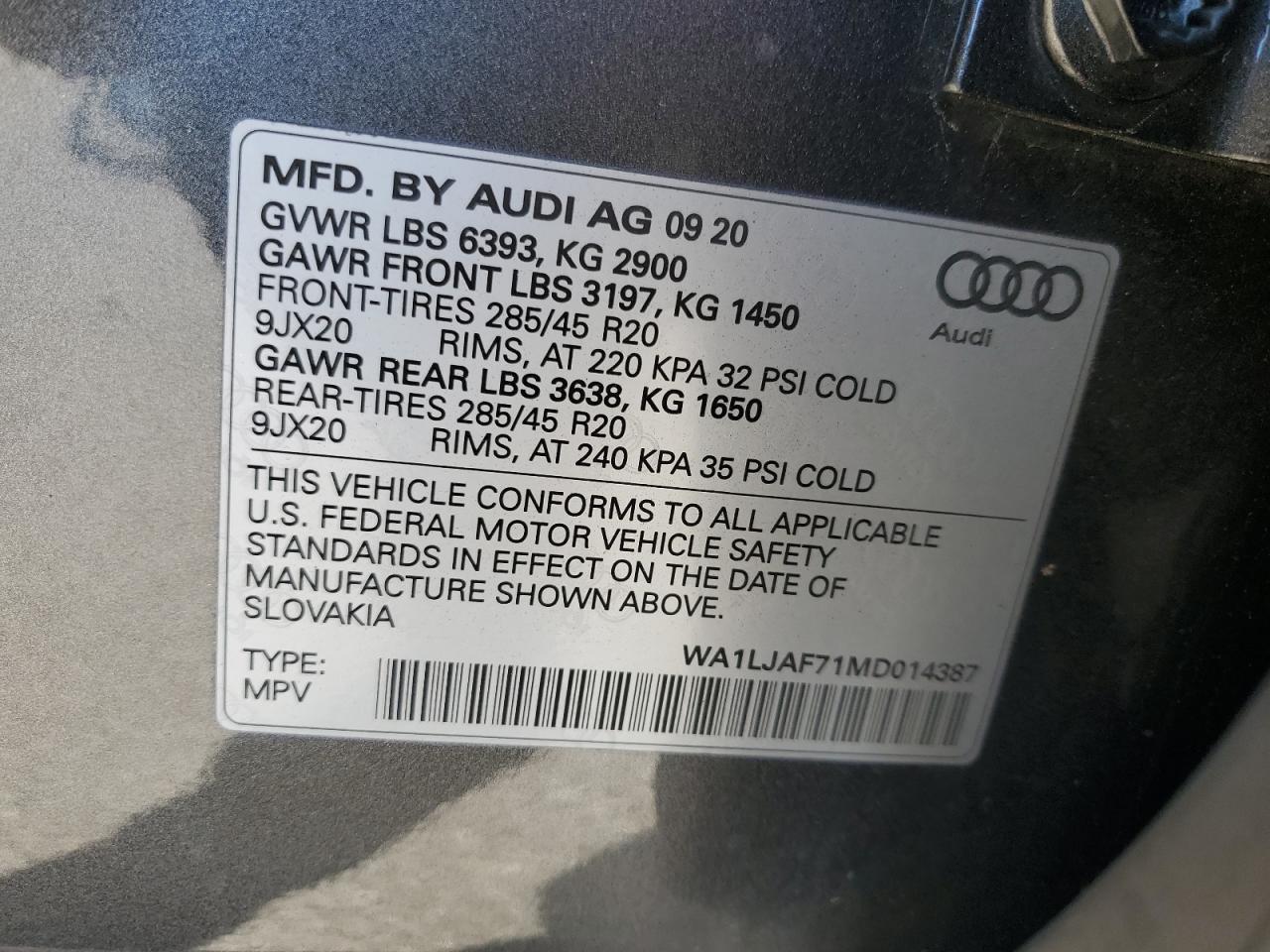 2021 Audi Q7 Premium Plus VIN: WA1LJAF71MD014387 Lot: 86777675