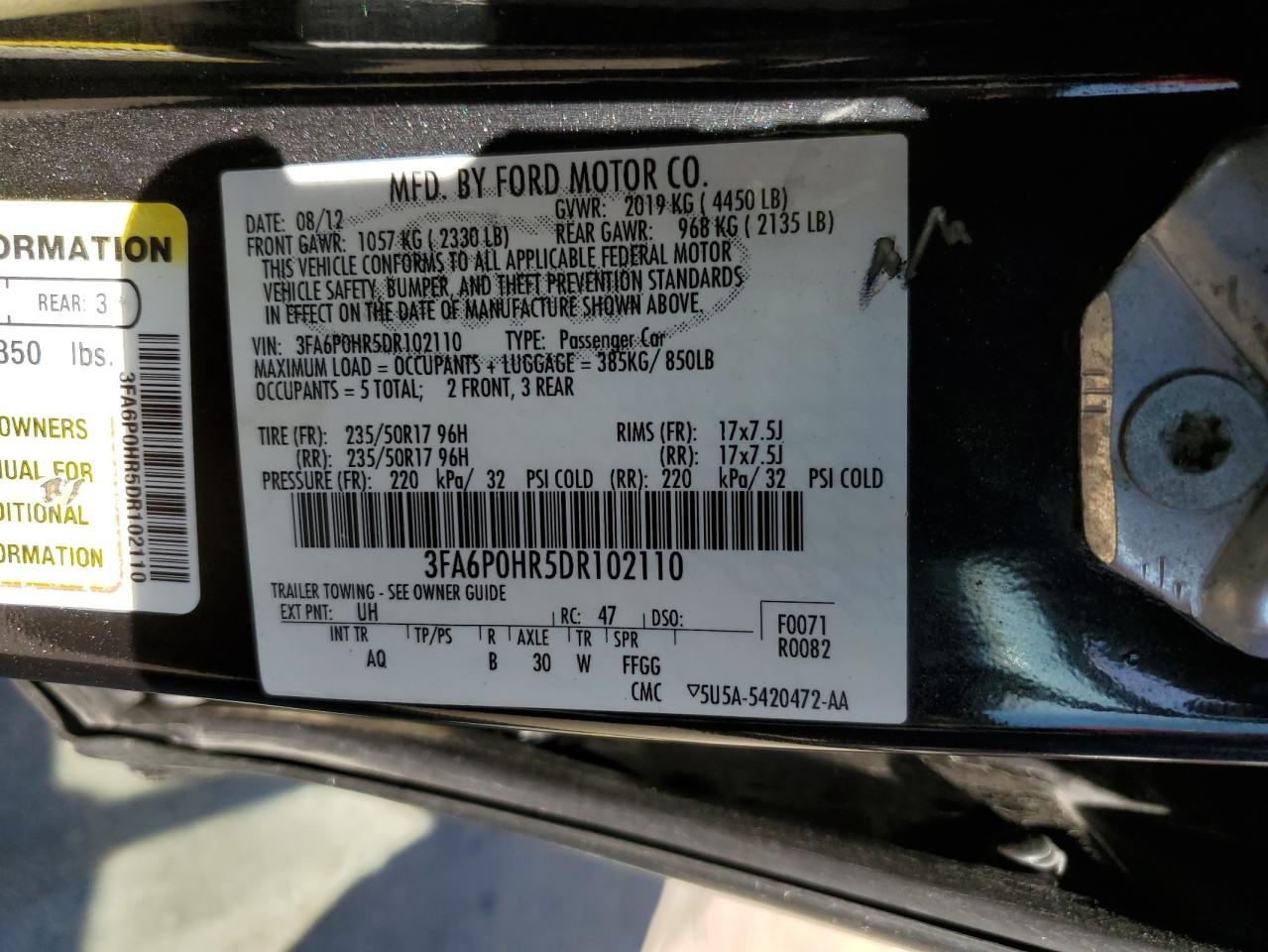 2013 Ford Fusion Se VIN: 3FA6P0HR5DR102110 Lot: 82399025