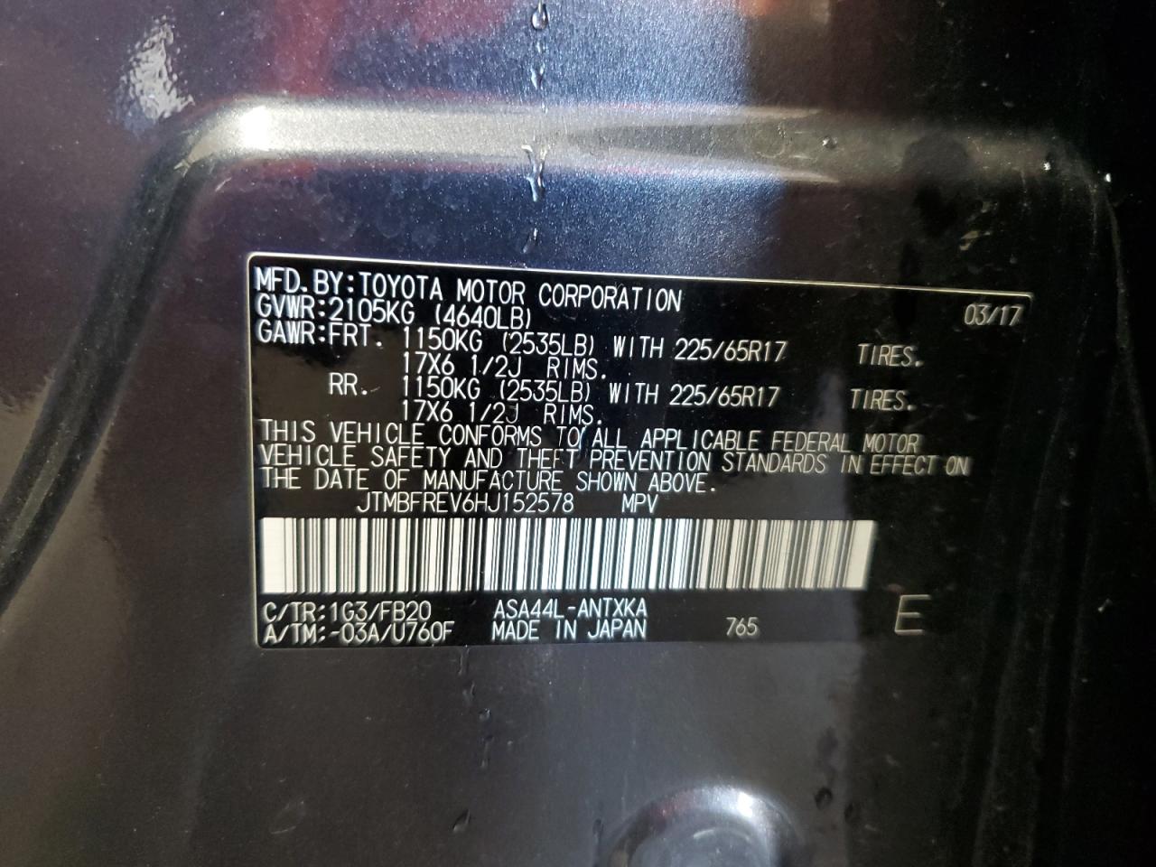 2017 Toyota Rav4 Le VIN: JTMBFREV6HJ152578 Lot: 83778435