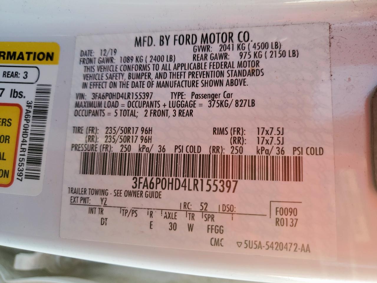 2020 Ford Fusion Se VIN: 3FA6P0HD4LR155397 Lot: 86248885