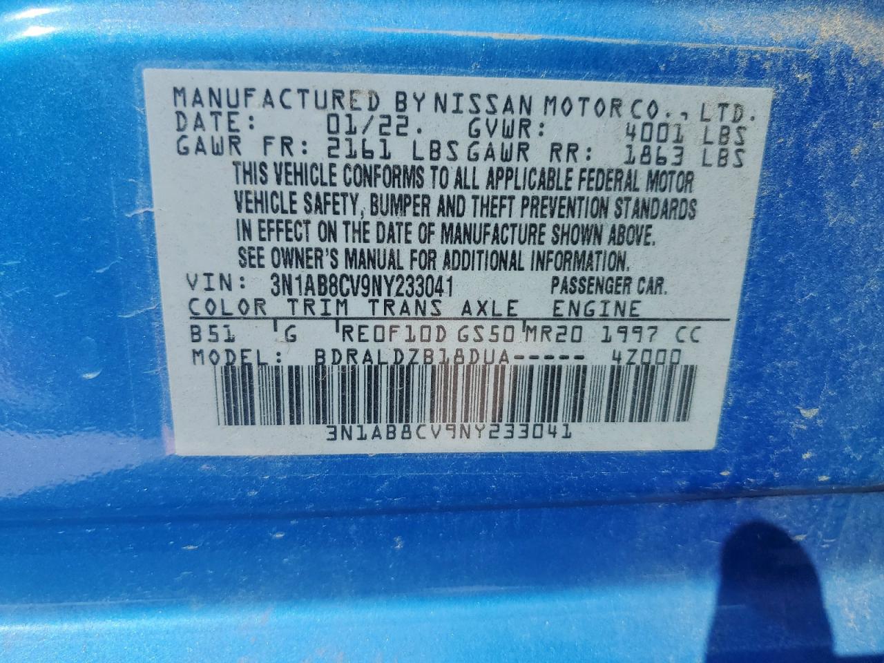 2022 Nissan Sentra Sv VIN: 3N1AB8CV9NY233041 Lot: 85901375