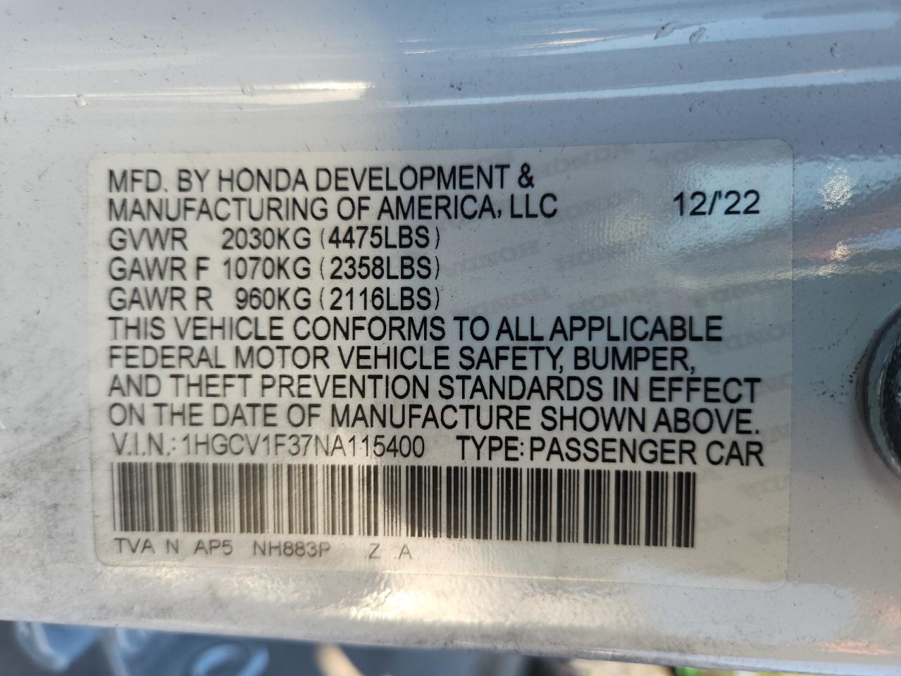 2022 Honda Accord Sport VIN: 1HGCV1F37NA115400 Lot: 82248425