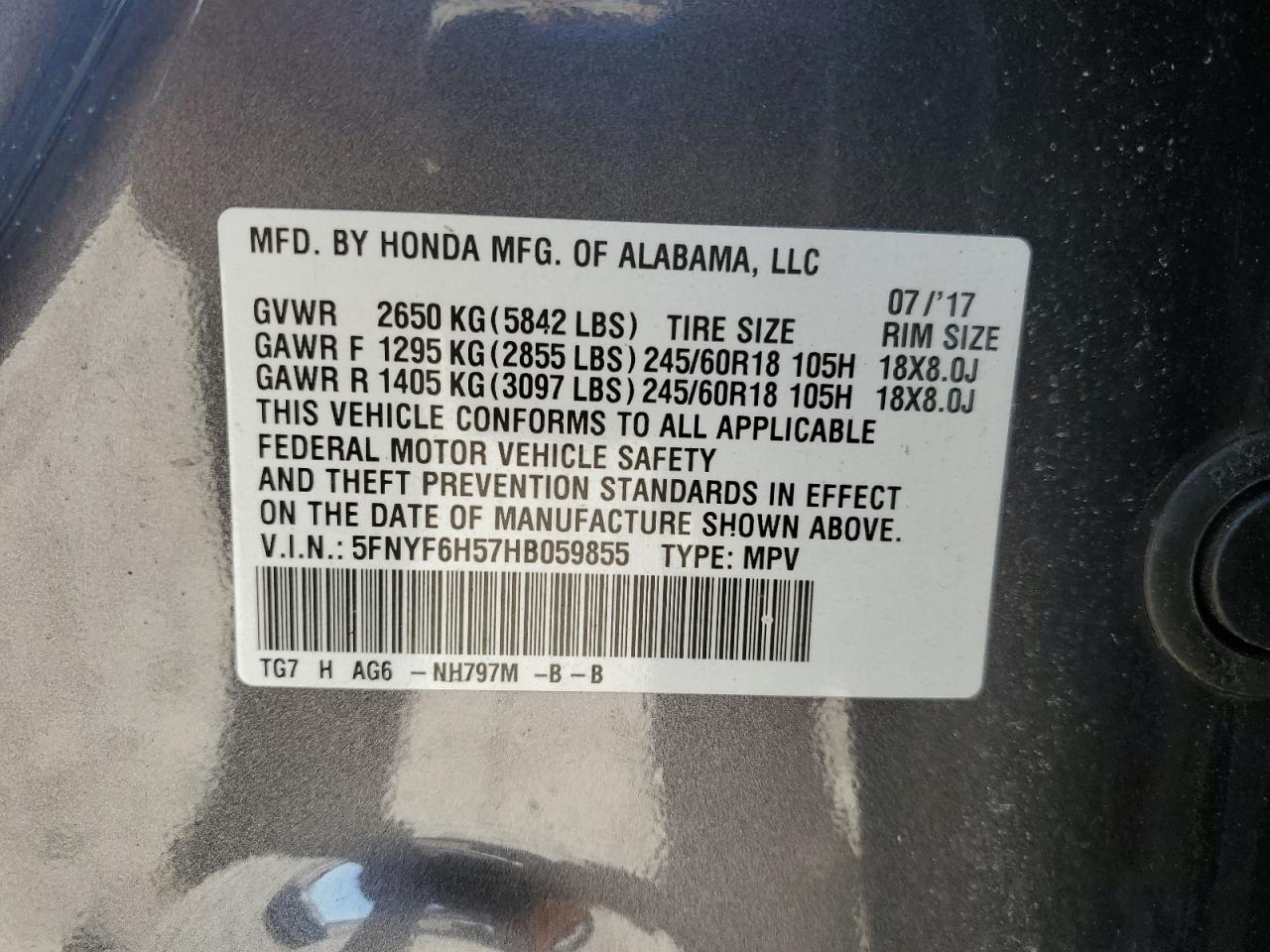 2017 Honda Pilot Exl VIN: 5FNYF6H57HB059855 Lot: 85846205