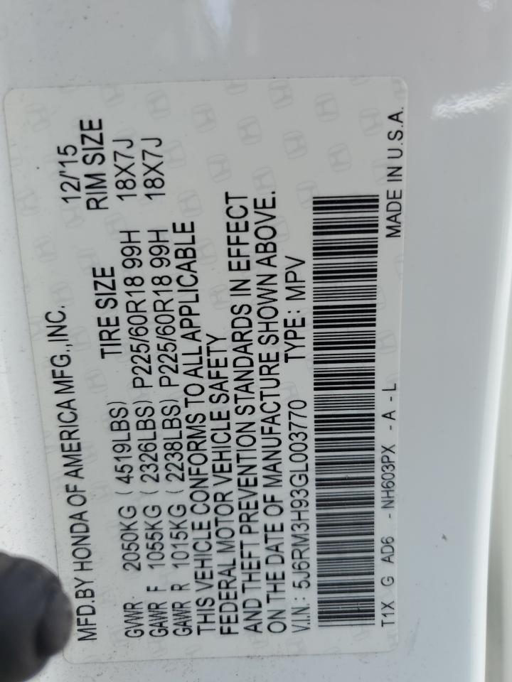 2016 Honda Cr-V Touring VIN: 5J6RM3H93GL003770 Lot: 82618095